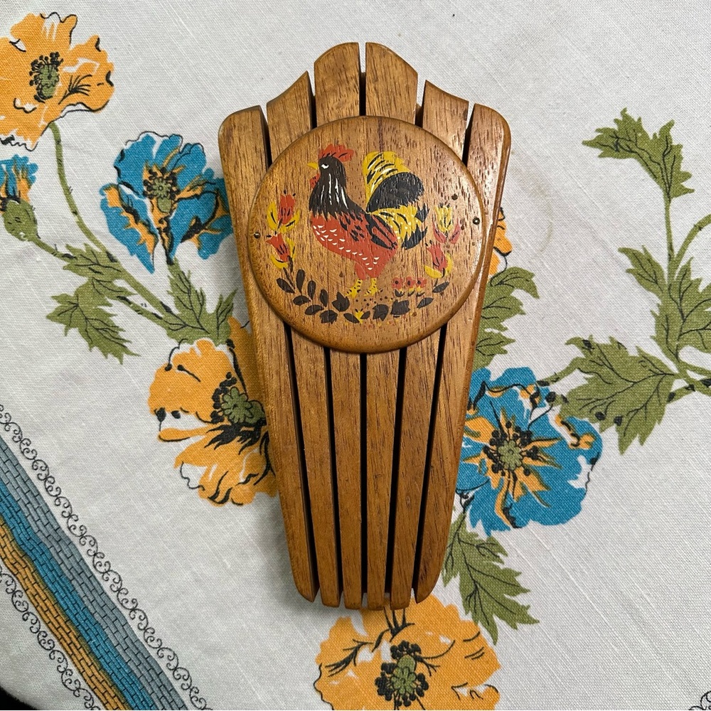 Vintage 1950s 9.5" Wall Hung Wood Knife Block Storage for 5 Knives Lucky Rooster